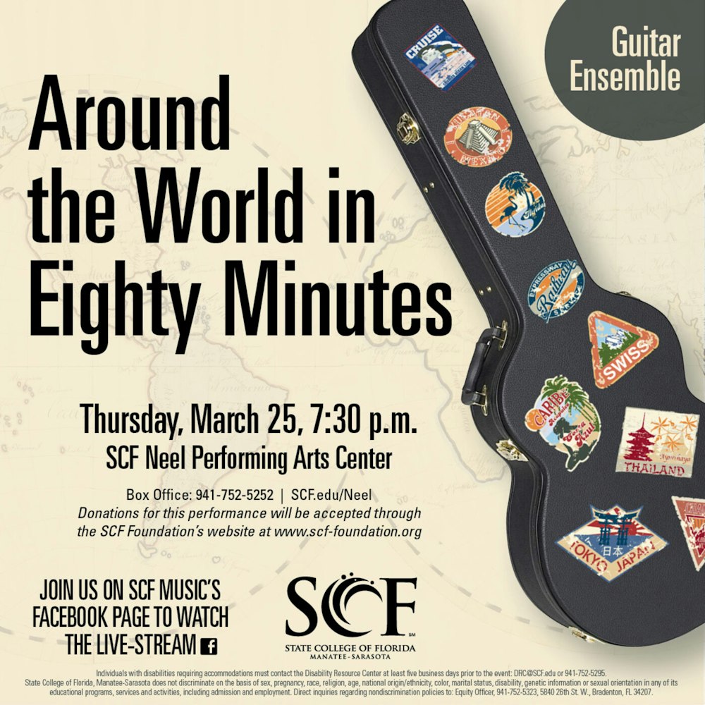 Around the World in Eighty Minutes, Presented by the SCF Guitar Ensemble, Thursday, March 25, 7:30 p.m.-Facebook Livestream