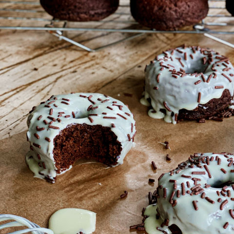 Chocolate Donuts with White Chocolate Ganache Icing